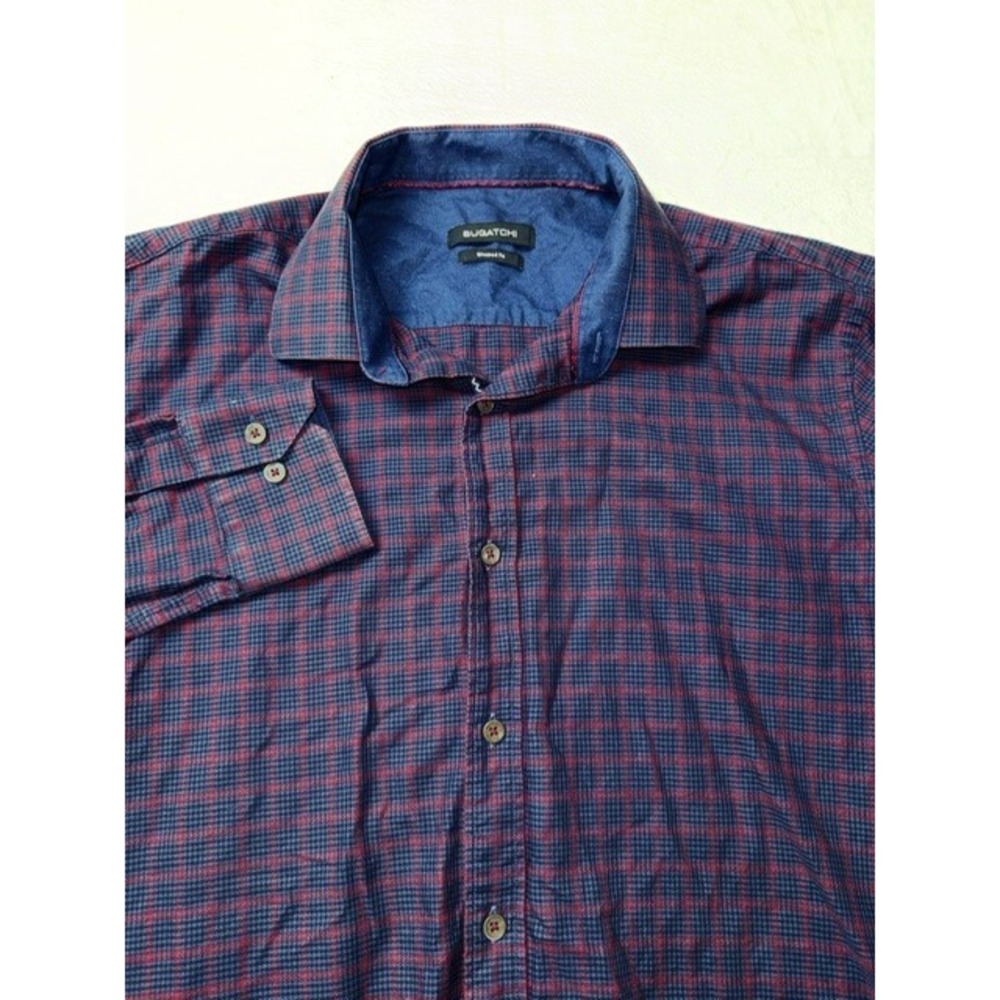 Men Bugatchi Shaped Fit Large Plaid Button Down Shirt Blue‎ Red Long Sleeve